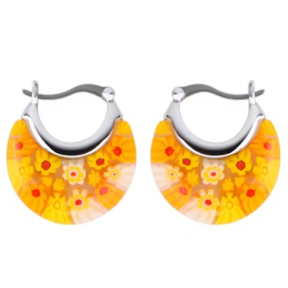 Yellow Murano Style Glass Hoop Earrings for Women Daisy Flower Stainless Steel